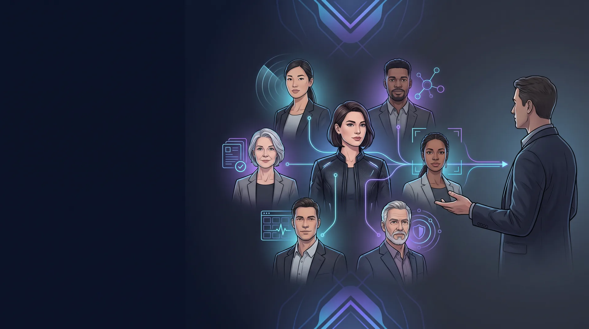 A human editorial leader reviews work coordinated by Emma and six conceptual specialist AI agents.